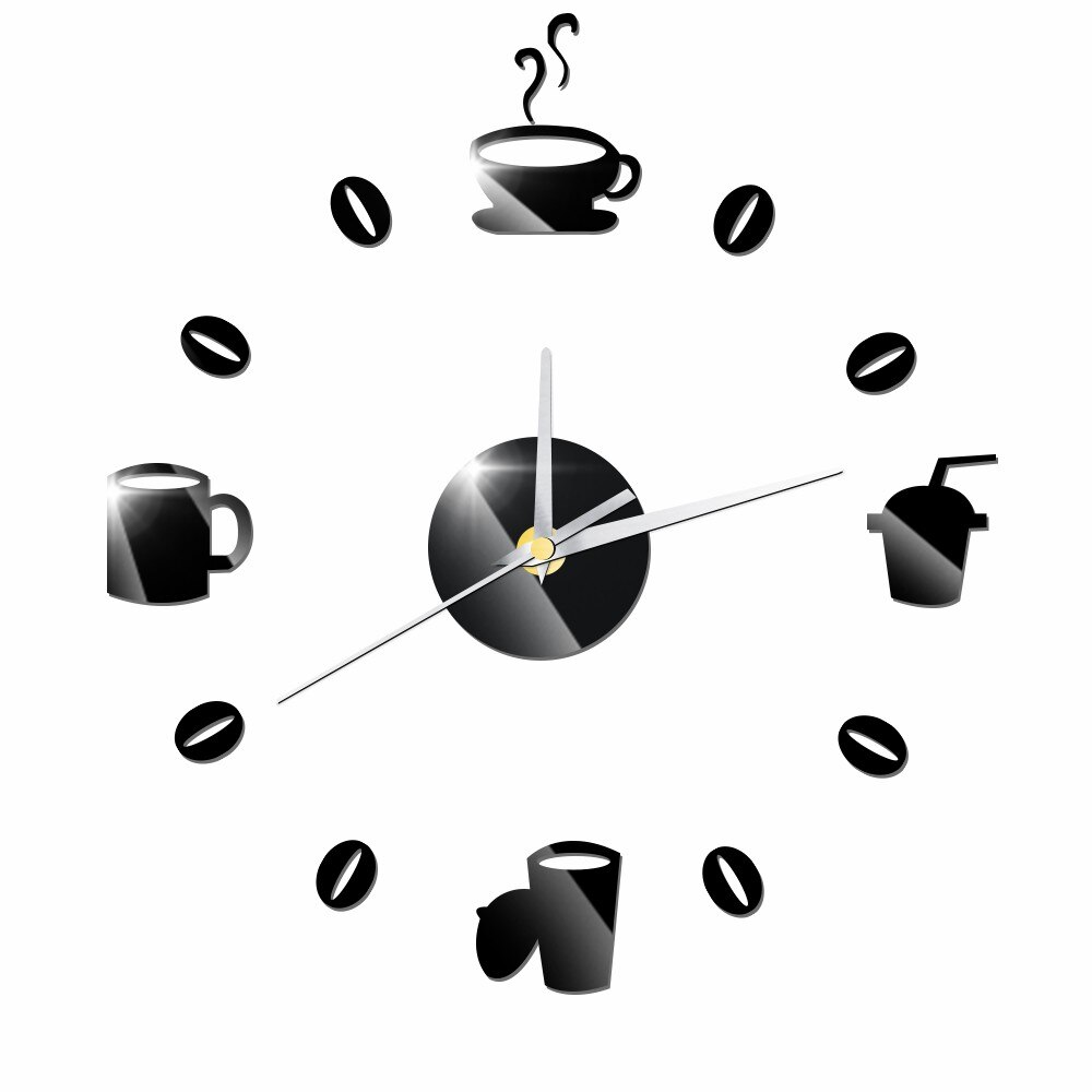 Reloj de pared silencioso para cocina, pegatinas de pared con efecto espejo acrílico, decoración moderna de cuarzo, granos de café, bricolaje: Negro