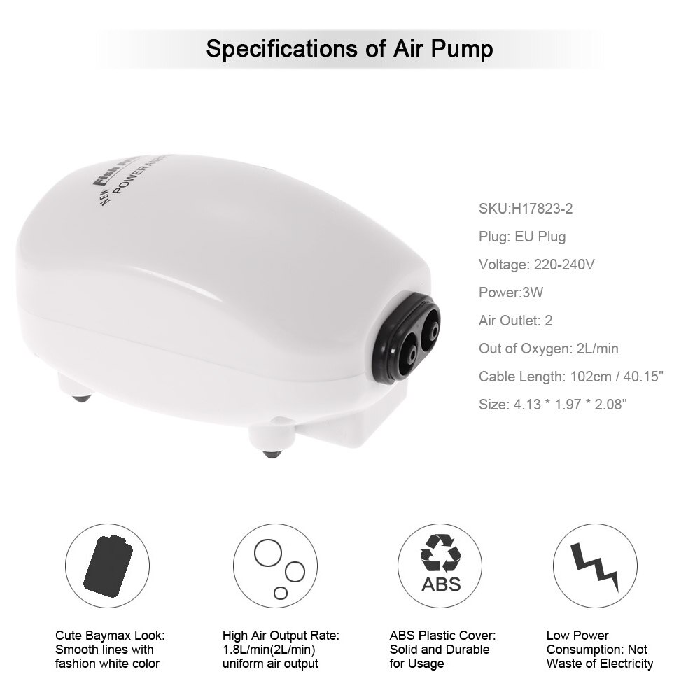 Ultra Stille Aquarium Luchtpomp luchtcompressor Zuurstof Luchtpomp Enkele & Dubbele Outlet 3W 220-240V EU plug vis accessoires
