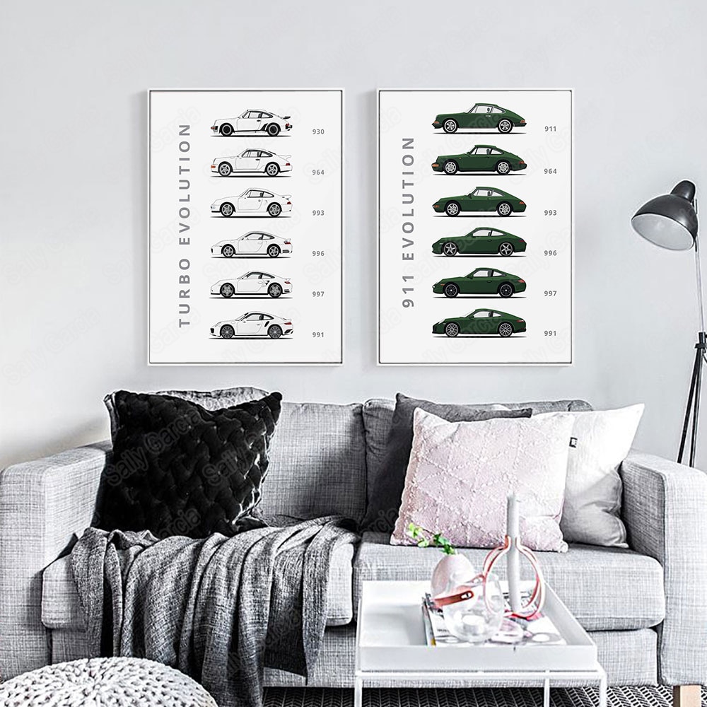 The evolution  of 911 och turbo abstrakt canvas målning färgglad bilaffisch och tryck modern stil heminredning väggkonstbild
