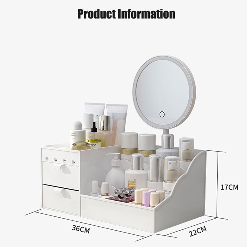 LED Mirror Makeup Organizer Bathroom Large Capacity Drawer Makeup Storage Box Skin Care Dressing Table Girl Cosmetic Beauty Case