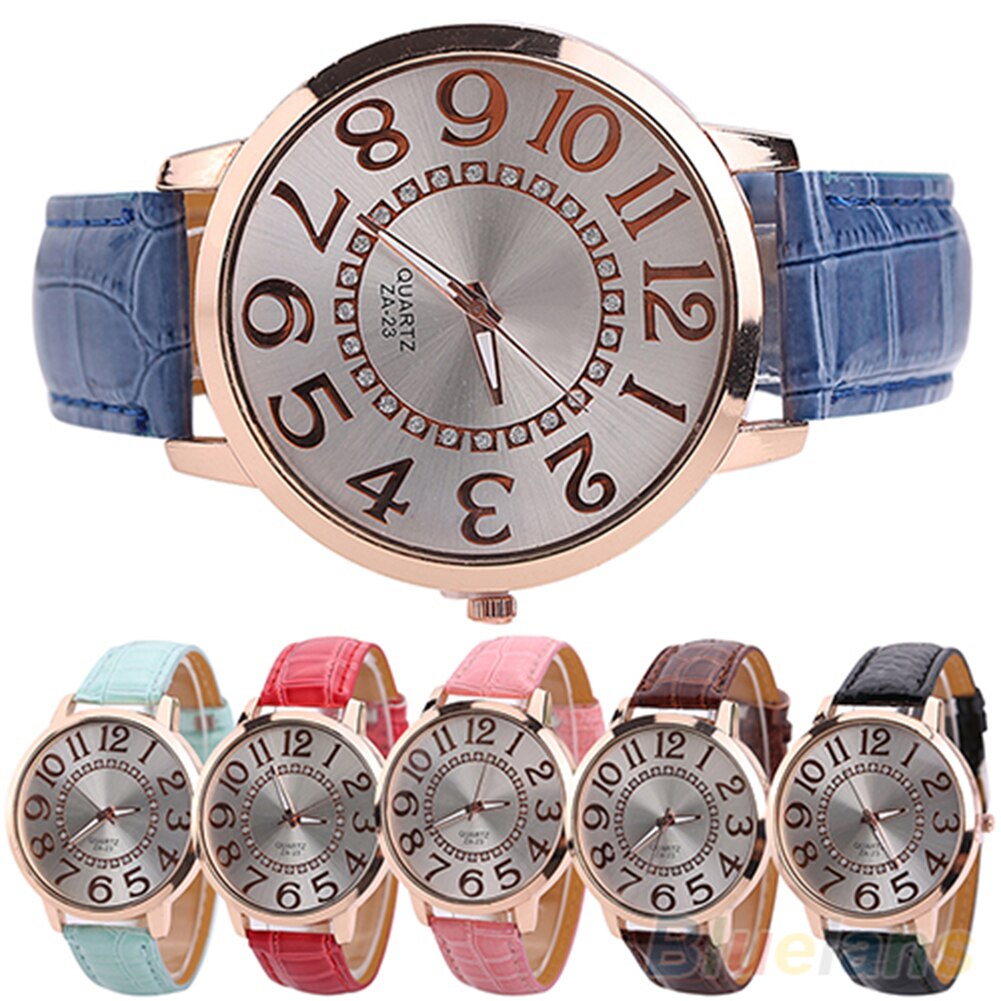 7 farver mænd kvinder store arabiske tal rhinestone indlagt kunstlæder rundt kvarts analogt armbåndsur ægte ingen vandtæt ！！
