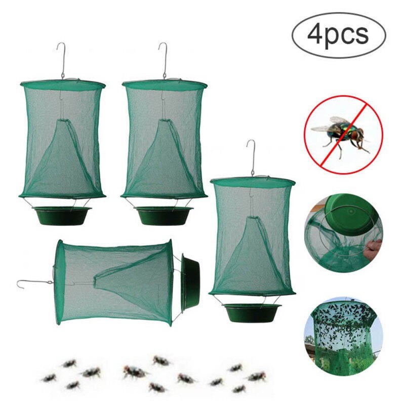 Piège à mouches vert suspendu pliant # filet vert + Pot (sans appât): 4PC