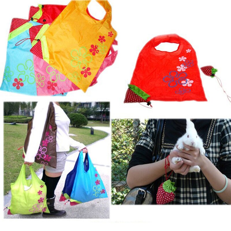Bolsa de Nylon plegable para comestibles, bolso de compras grande de fresa, bonito bolso de viaje, ecológico, Floral, reutilizable, 5 uds.