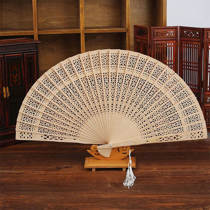 1PC Portable Retro Chinese Hand Fans Folding Durable Hollow Out 20cm Bamboo Wooden Carved Scented Japanese Fan