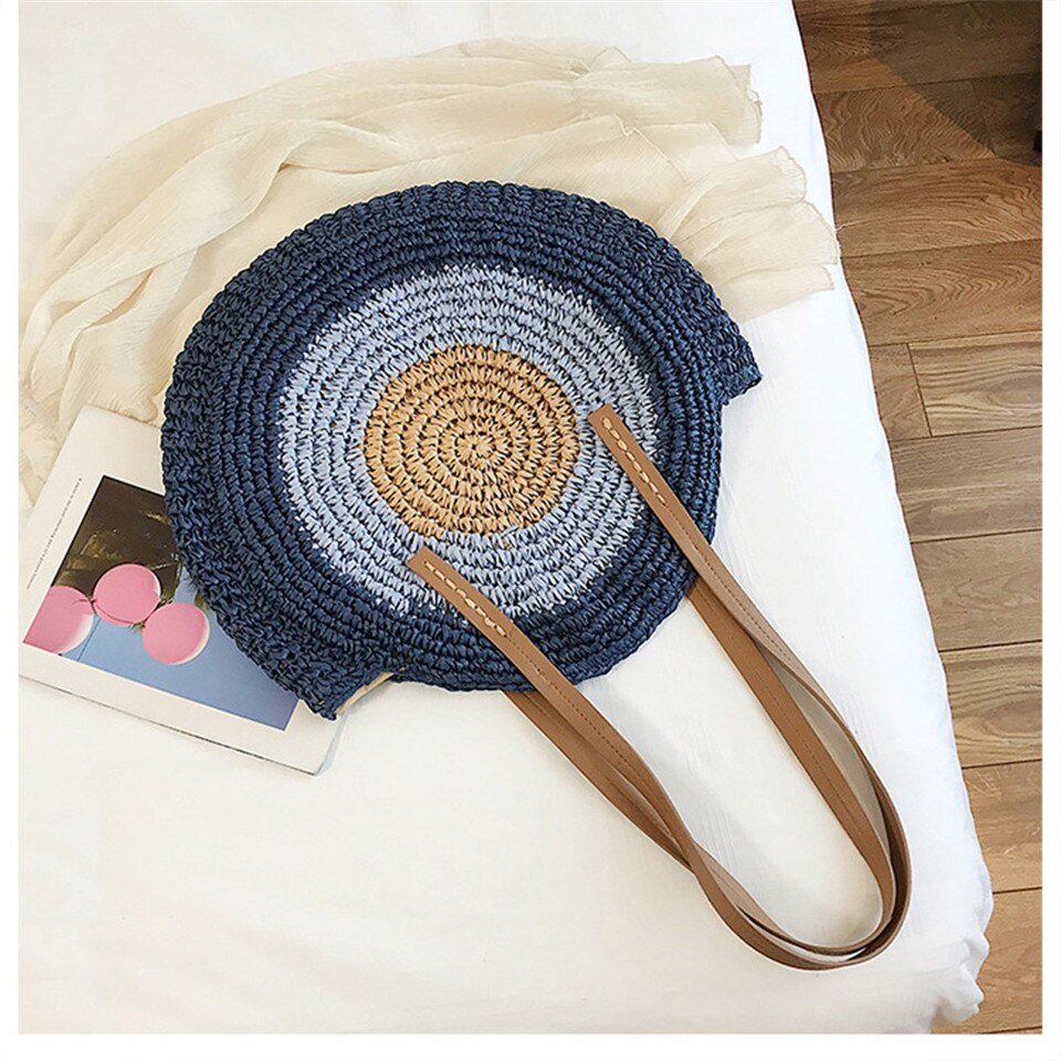 Round Ladies Straw Woven Bag Simple Shoulder Bag Beach Bag Large Capacity Handbag Women Bags Casual Tote Zipper: blue