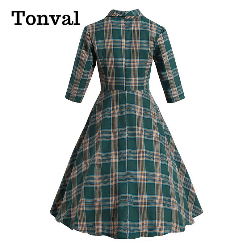 Tonval Turn-Down Kraag Button Up Groene Plaid Herfst Kleding Vrouwen Jurken Vintage Gewaad Elegante Swing Jurk Retro