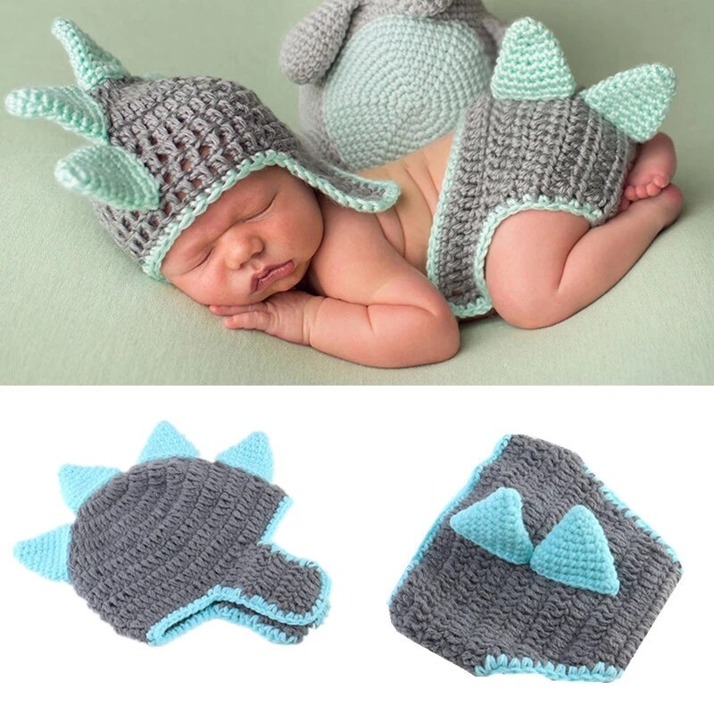 2 uds recién nacido atrezos para fotografía de bebés dinosaurio sombrero tejido al Crochet pantalones cortos bebé hecho a mano niño conjuntos