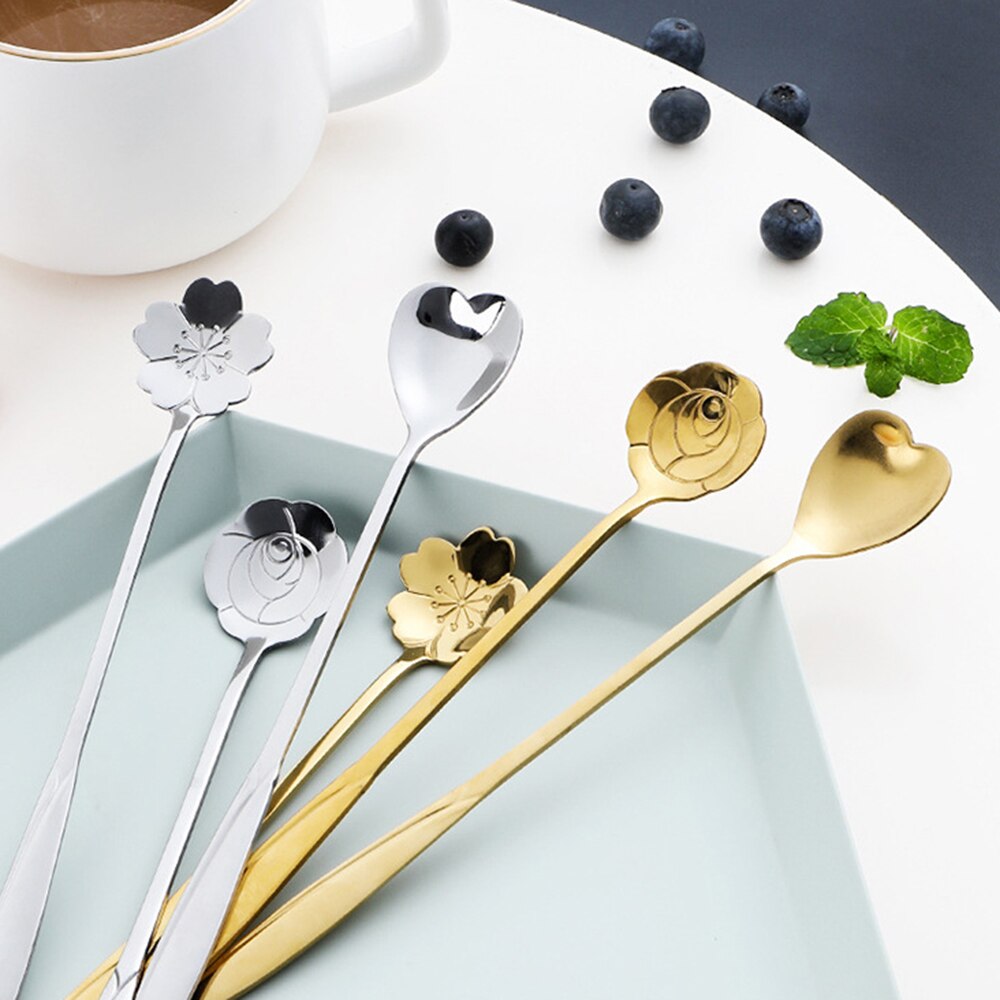Tea Coffee Mixing Spoon Gold Spoon Long Handle Dessert Stainless Steel Vintage Teaspoons Drink Tableware Flowers 1PCS