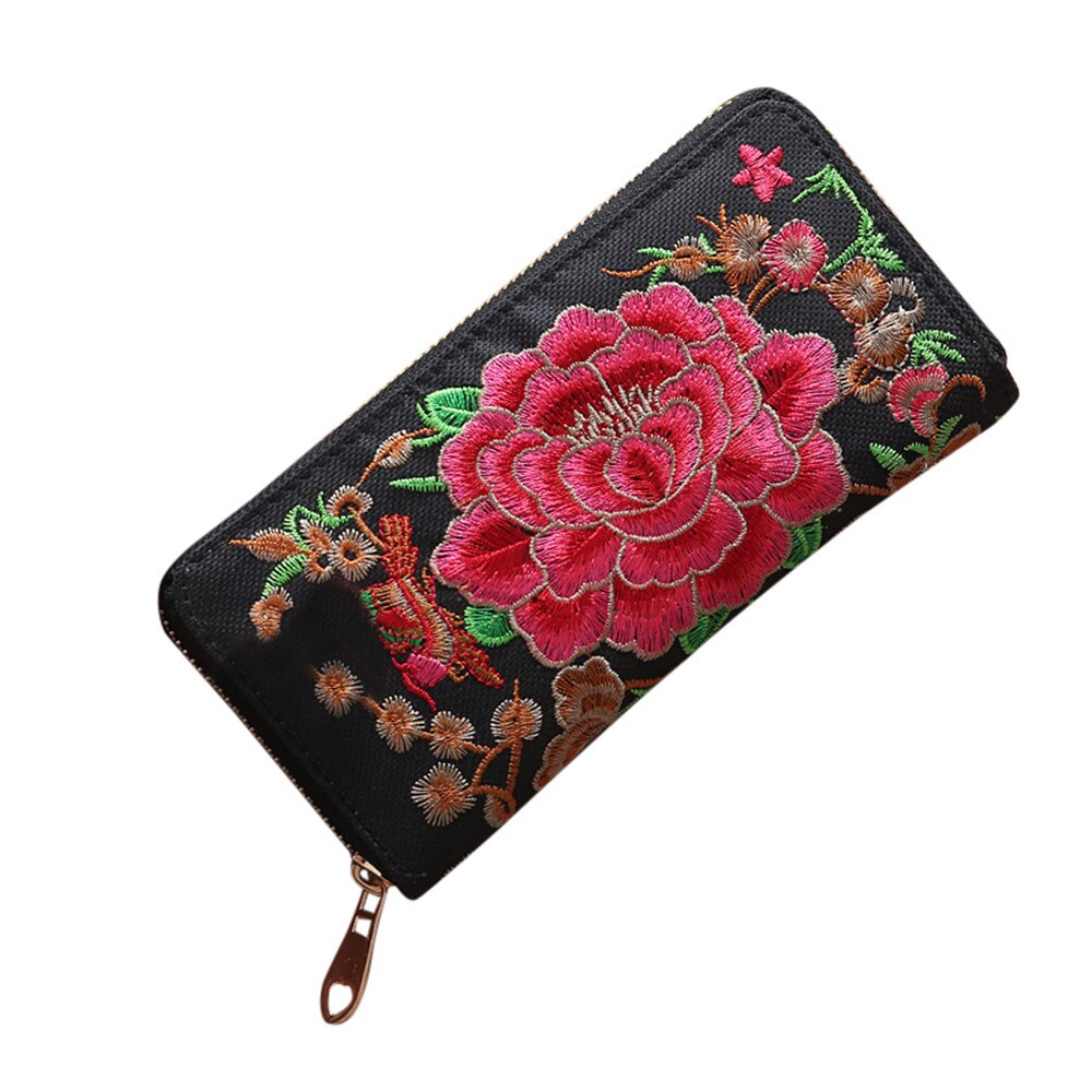 Aelglacial femmes portefeuille femmes unique Pull broderie Style ethnique portefeuille carte sac monnaie sac Long portefeuille porte-carte: BK