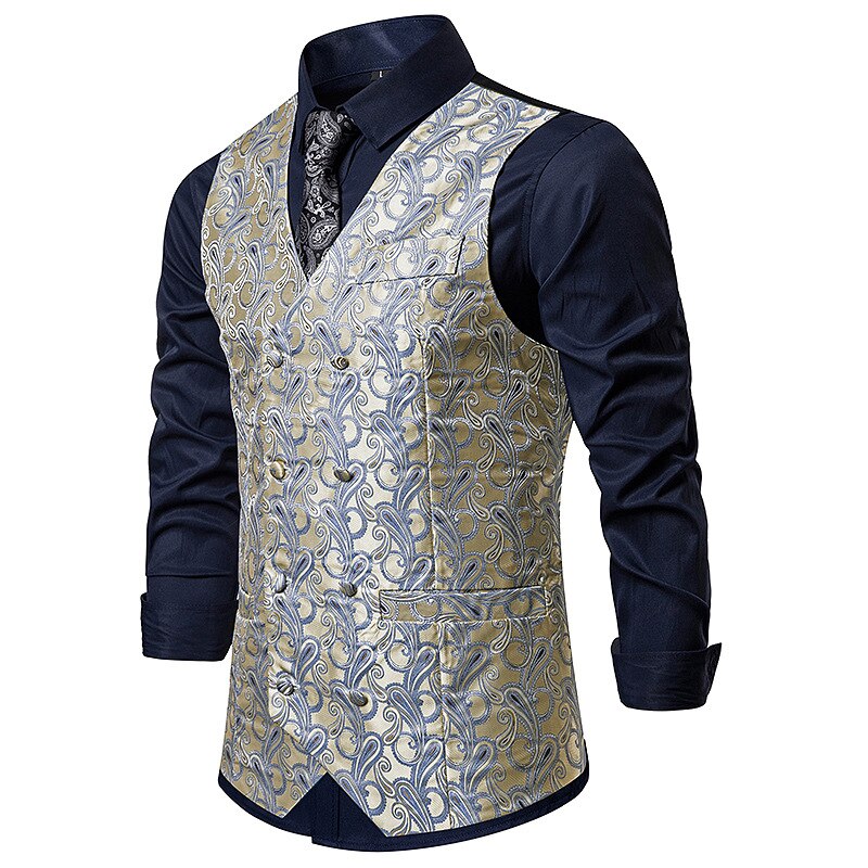 Dubbelrijs herenvest casual paisley bloemenprint colete social luxe heren bruidsvesten gilet kostuum heren: Geel / Xl