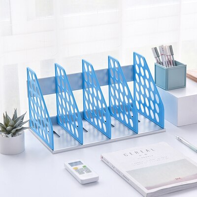 Office Desk File Organizer Magazine Holder Four-columns Bookshelf Paper Organizer Document File Storage Book Stand: Blue