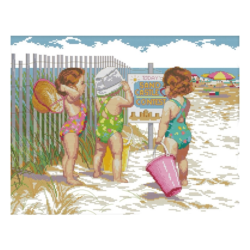 Cross Stitch Kits Stamped Full Range of Embroidery Starter Kits for Beginners DIY 11CT - Babies Play in the Beach: Default Title