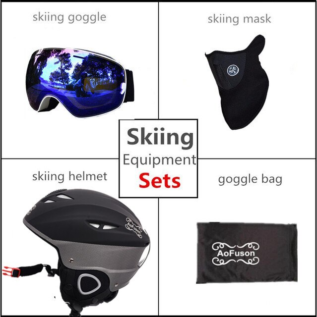 Ski Apparatuur Set Dubbele Lagen Anti-Fog Big Vision Snowboard Goggle Masker Vrouwen & Mannen Skiën Sneeuwscooter Winter Warm sport Helm: white / 59-62 CM