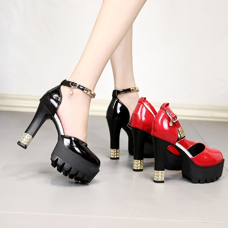 Super Hoge Hakken Platform Dikke Hakken Mode Hoge Hakken Vrouwen Pompen Schoenen Ronde Neus Pu Rubber Vrouwen Sandalen Schoenen Vrouw herfst