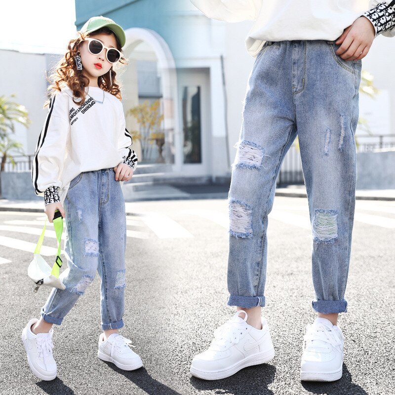 2021 primavera nuovi Jeans tinta unita per bambini ragazza stile coreano stile estero buco moda All-match pantaloni Casual per bambini KJ14