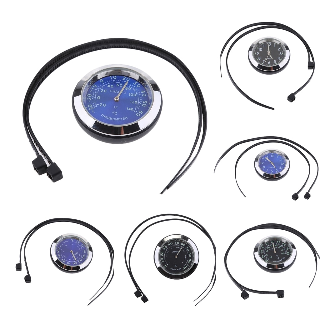 Montre de moto universelle | Chrome, cadran étanche noir, horloge de guidon/thermomètre/hygromètre, montre de lueur