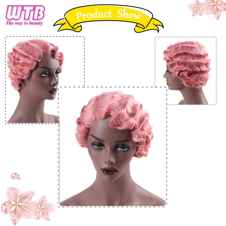 Wtb varmebestandig syntetisk kort krøllet pink sød paryk til røde fingerbølger kvinders afrikanske afro kort hår paryk