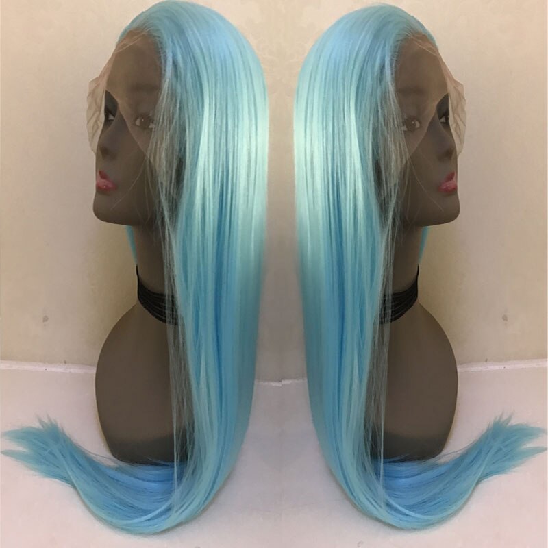 Pelo sintético liso azul cielo de Bombshell, peluca con malla frontal, línea de pelo Natural sin pegamento, pelo de fibra resistente al calor para pelucas de mujer