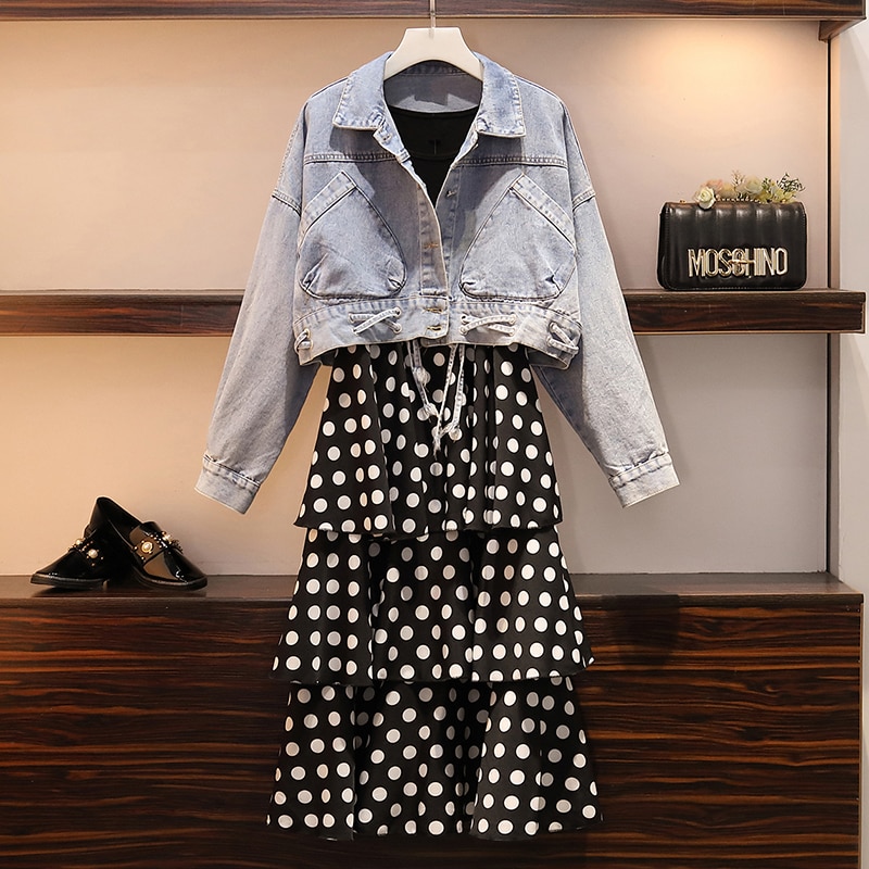 Large size S-5XL spring fat mm large pocket short section was thin denim jacket and coat dress two-piece