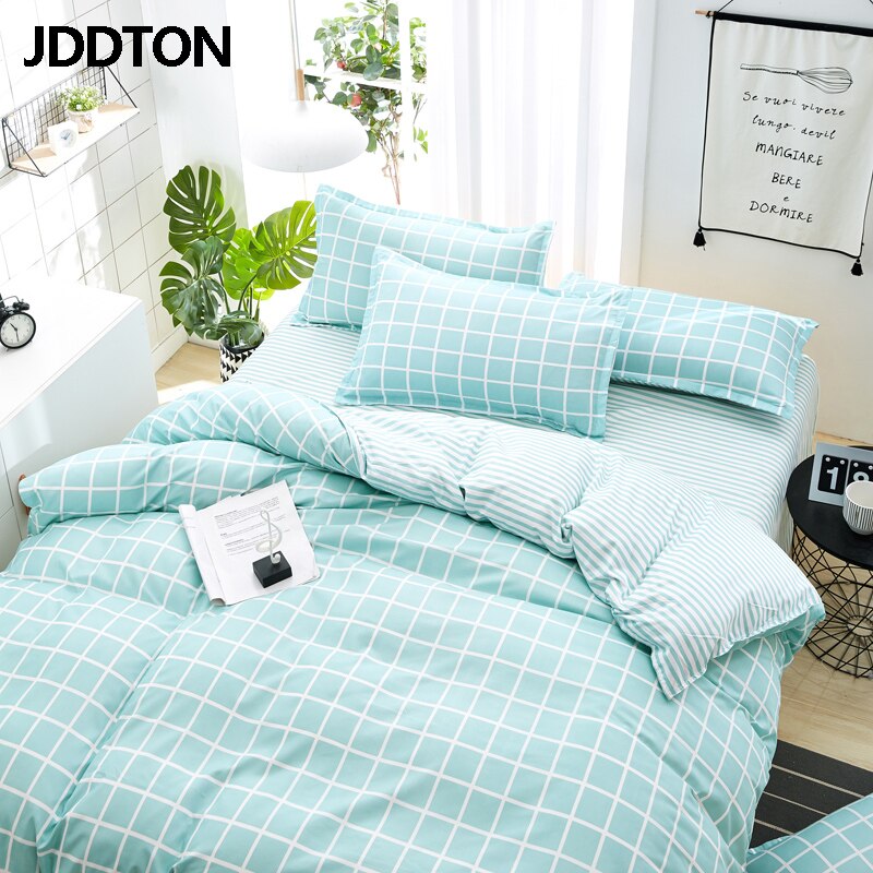 JDDTON Home Textile Fresh Mint Green Plaid Bedding Sets Bed Linen Duvet Cover Set AB Side Bed Sheet Pillowcase Cover BE088