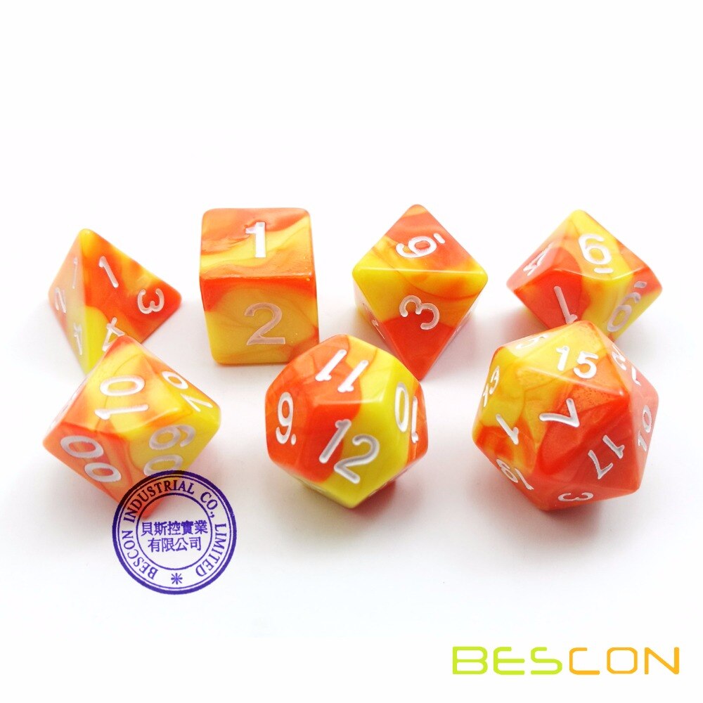 Bescon Gemini Polyhedrale Dobbelstenen Set Saffraan, twee Tone Rpg Dobbelstenen Set Van 7 D4 D6 D8 D10 D12 D20 D % Baksteen Box Pack