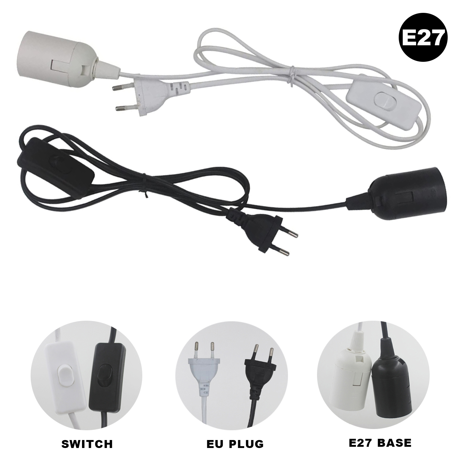 GANRILAND Przewód lampy Wtyczka EU E14 E27 Gniazdo 1.8M Dekoracyjny czarno-biały uchwyt lampy z przełącznikiem Ściemniacz Przewód zasilający: Złota / 2g11