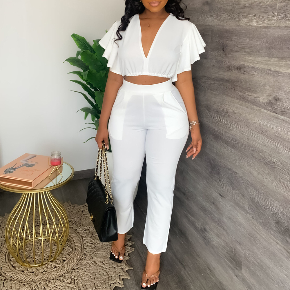 Flare Pants High Waist White Pants And Crop Top Set Pieces Outfit