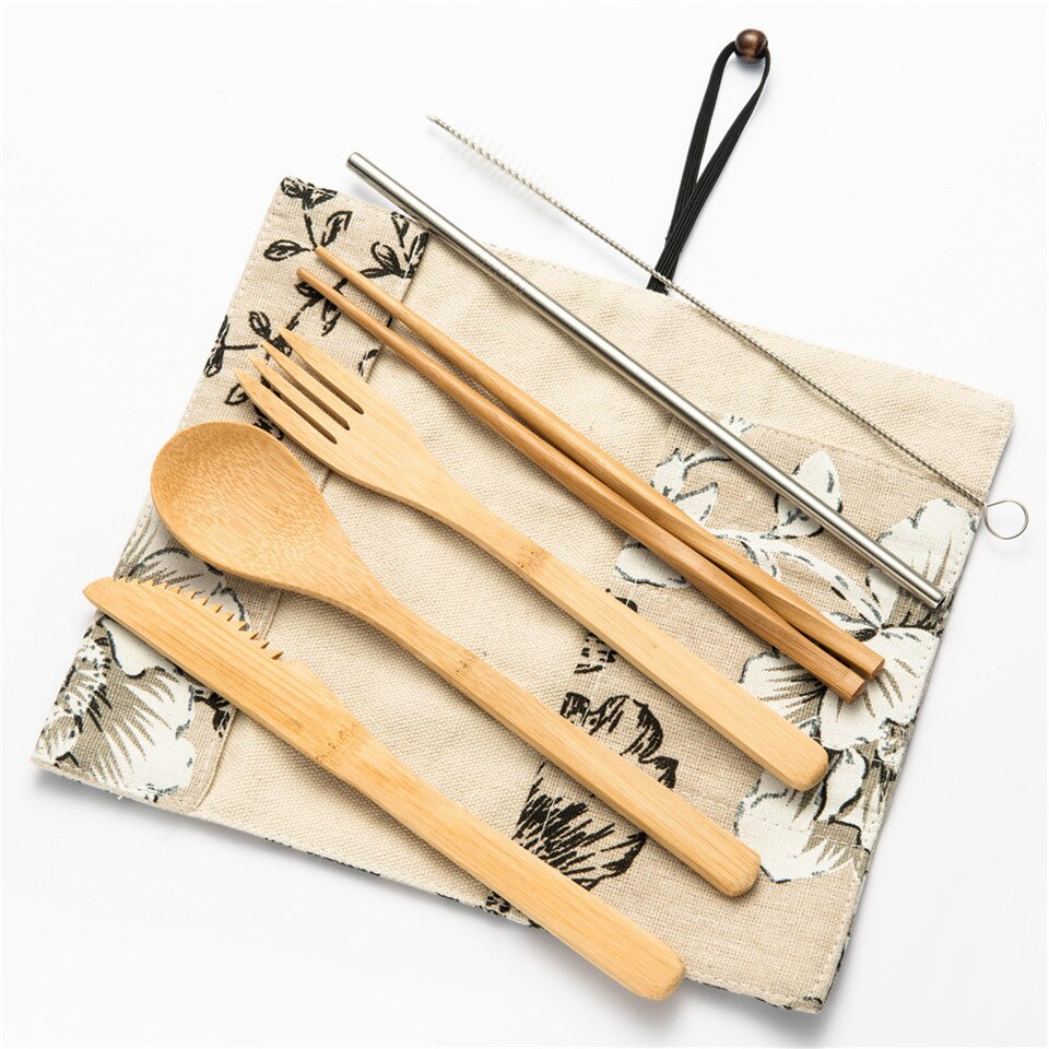 Draagbare Bestek Set Lepel/Vork/Mes/Eetstokjes Kit Stro Tandenborstel met Bestek Zak Picknick Outdoor bestek Set