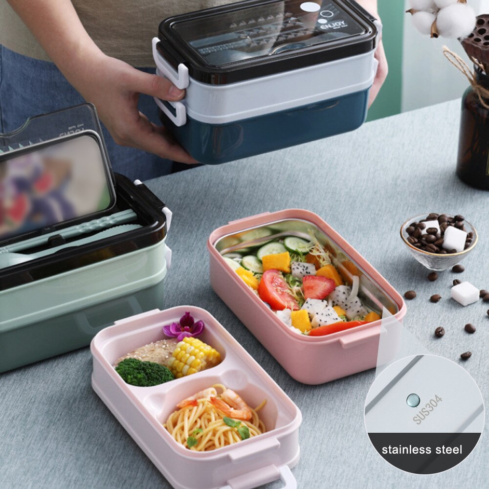 Stainless Steel Lunch Box Bento Boxes Tableware For School Kids Office Worker Double Layers Microwave Heating Lunch Container