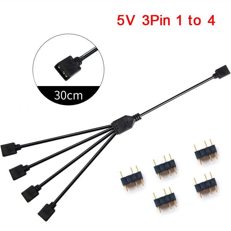 ARGB 5V 3Pin Extension Cable Adapter 30cm 1 to 1 2 3 4 5 12v 4pin RGB splitter cable for MSI A SUS ASRock AURA LED: 5V 3pin 1 to 4