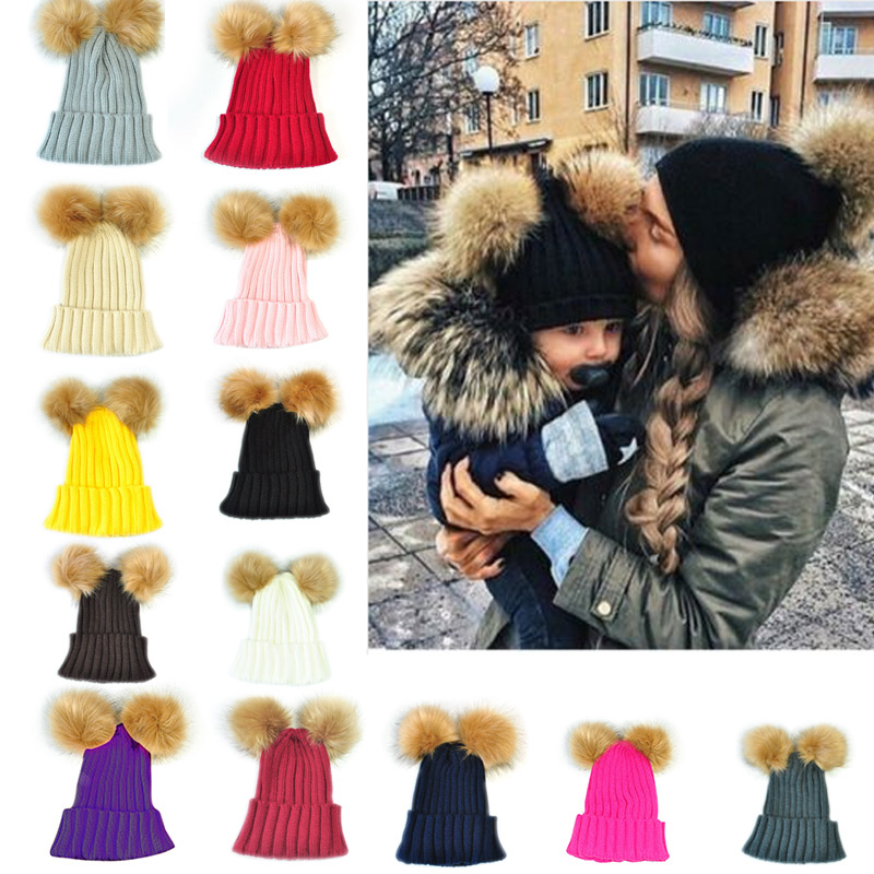 Baby børn voksne vinter varm beanie dobbelt pels pom bobble strikket hat cap