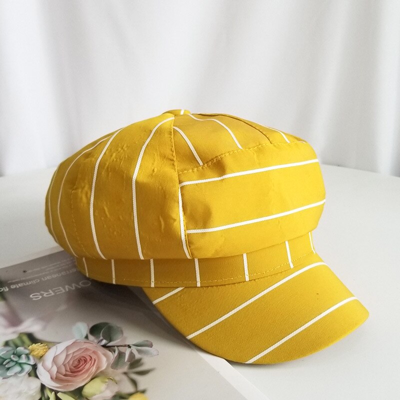 Gorra octogonal SQTEIO, sombrero de pintor a rayas de verano para mujer, gorro informal de pintor, boina literaria salvaje estudiante: Amarillo