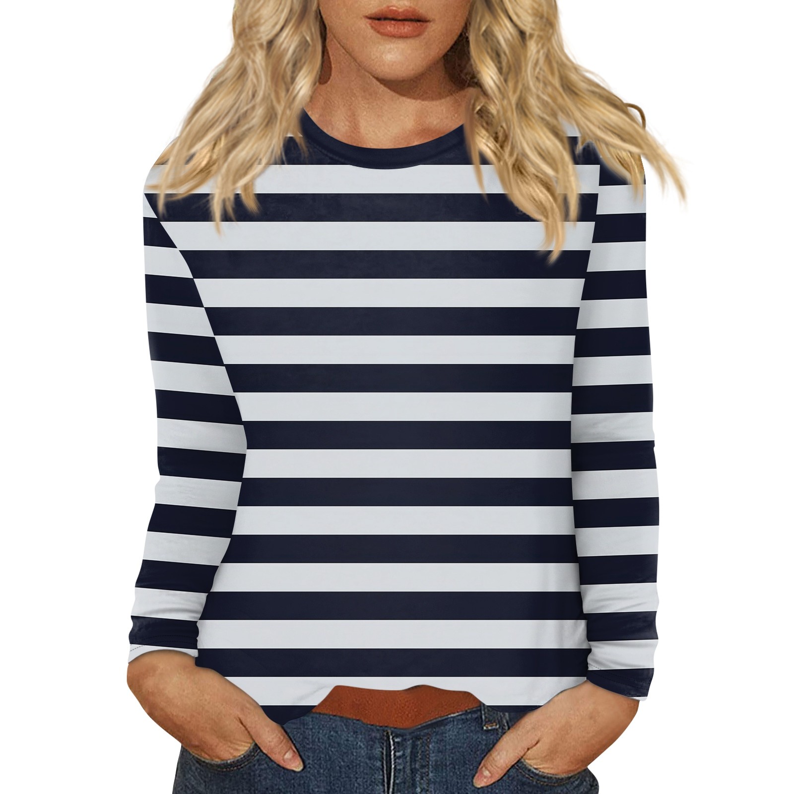 T-Shirt à Manches sulfet Col Ras du Cou pour Femme, Vêtement Décontracté, Rayé, Imprimé, Tendance, à la , de , 03