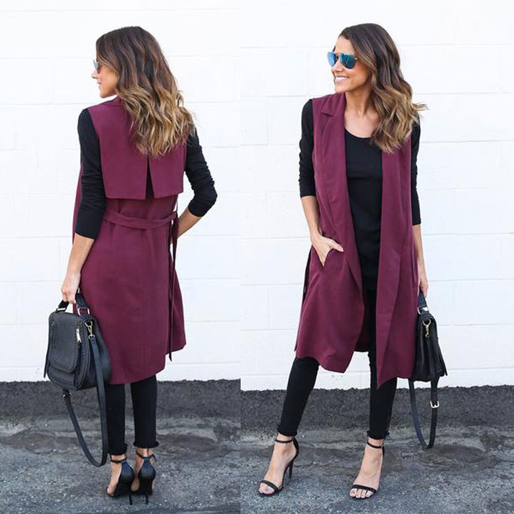 Autumn Womens Cardigan Solid Color Open Front Long Vest Cardigan Coat Blazer Office Sleeveless Work Jacket: Burgundy / S