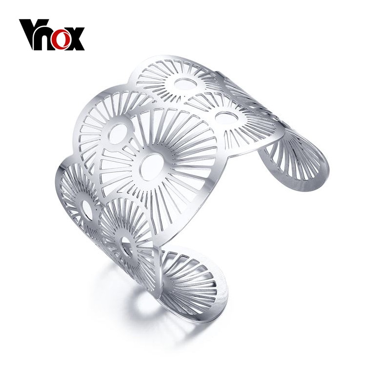 Vnox Stylish Wide Cuff Bracelet Hollow Bracelets & Bangles Classic Women Jewelry Accessories Silver Color Dia 6cm