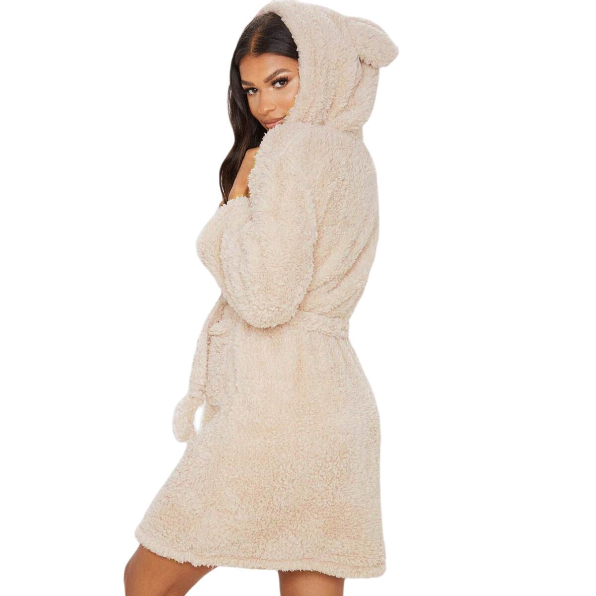 Women Long Sleeve Hooded Night-robe Solid Color Night-robe Double-sided Plush Loungewear for Women Ladies