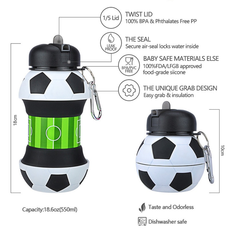 Fodbold sport vandflaske med halm foldbar sammenklappelig rejsesilikon innovativ camping 550ml børns sportsflaske