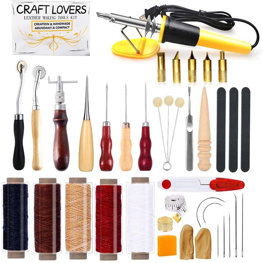 LMDZ 34 Pcs Leather Working Kit, Leather Crafting Tools and Supplies, Leather Starter Kit with Leather Burning Tool