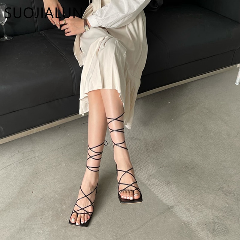 SUOJIALUN Women Sandals Thin Low Heel Lace Up Rome Sandal Summer Gladiator Casual Sandal Narrow Band Shoes Big Size 40