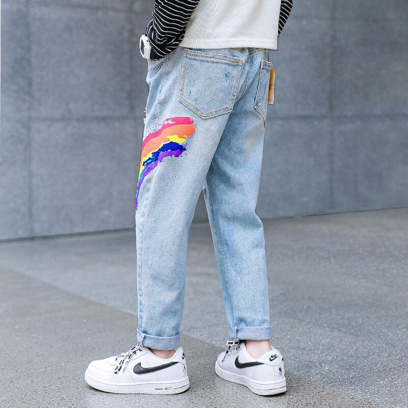 Pantalones vaqueros con estampado de arcoíris para niños, Jeans informales, rasgados, ropa de para niños de 3 a 12 años, primavera 2022