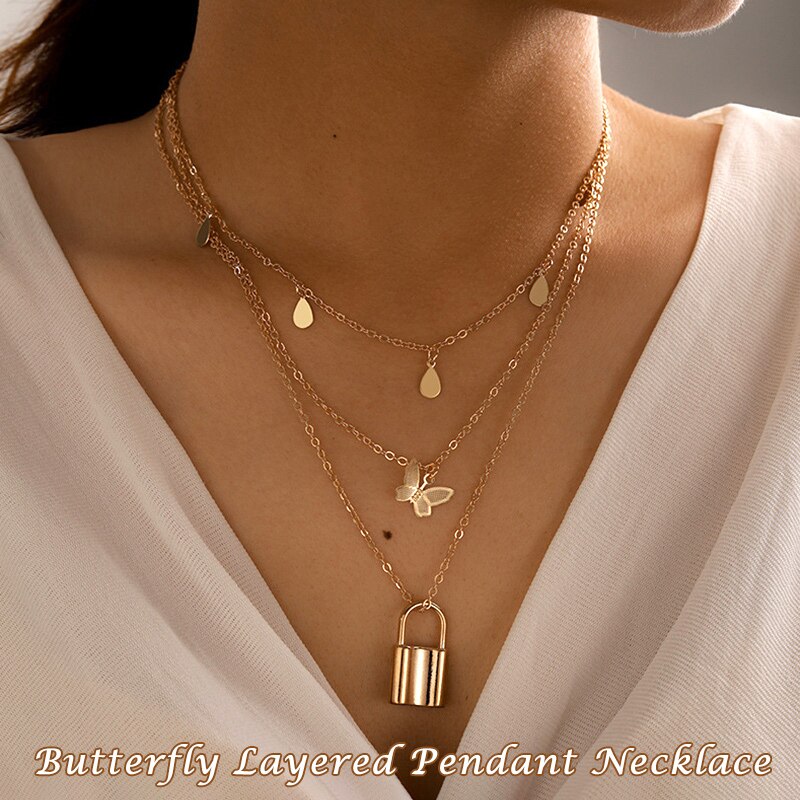 Butterfly Retro Layered Pendant Padlock Necklace Choker Jewelry for Women Girl Party BMF88: Default Title