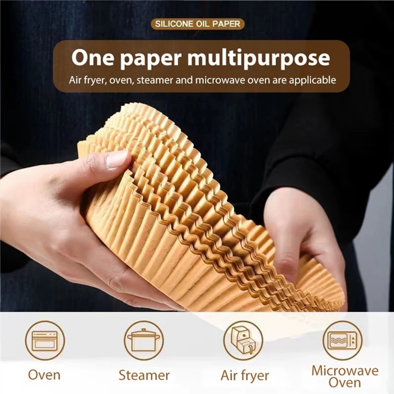 Revestimiento de papel desechable para freidora de aire, alfombrilla antiadherente redonda de papel para hornear, accesorios para hornear, 25/50 piezas