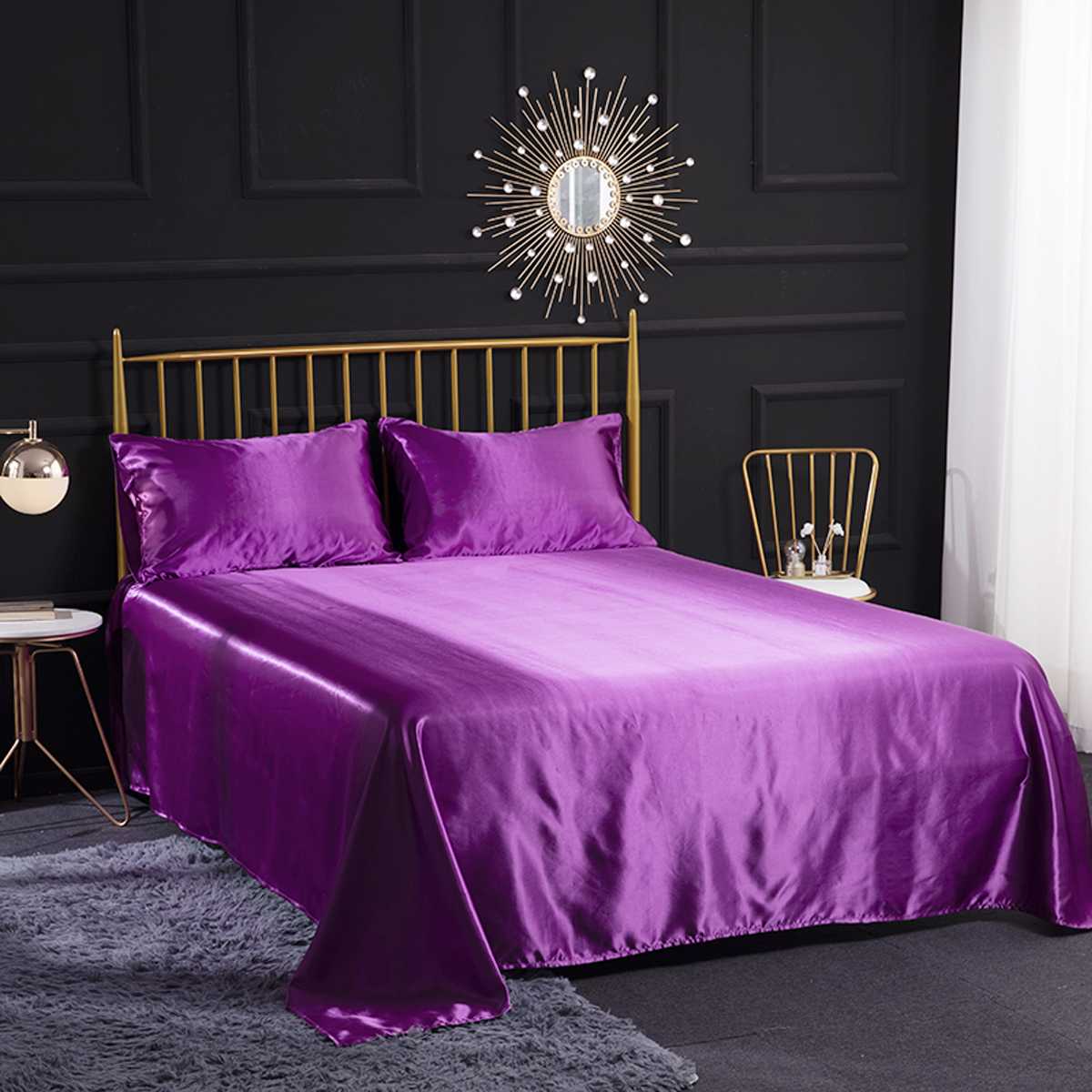 4 stk romantisk silke sengetøj sæt blød silke satin hjemmetekstil sengesæt fladt lag monteret lagen pudebetræk tvilling/hel/queen/king size: Violet / Fuld