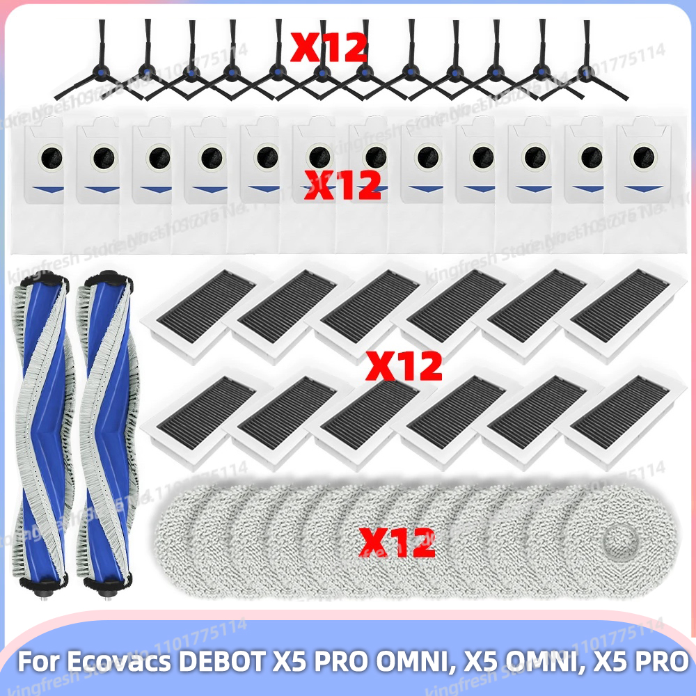 Compatible con piezas de repuesto para aspiradora robot Ecovacs Debot X5 OMNI / X5 PRO OMNI / X5 PRO - rodillo principal, cepillo lateral, filtro Hepa, paño de fregona, bolsa de polvo, accesorios