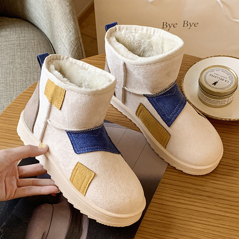 Snowboots Vrouw Winter Dikker Fluwelen Vrouwen Katoenen Schoenen Platte Instappers Antislip Enkel laarzen Patchwork Zwart Beige