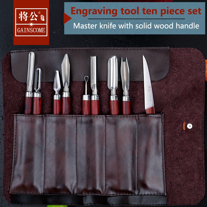 Gainscome kok udskærerkniv 11 stk sæt rustfrit stål u-formet v stikkekniv o pull udskæringskniv fri læderskede skarp: D179 træhåndtag