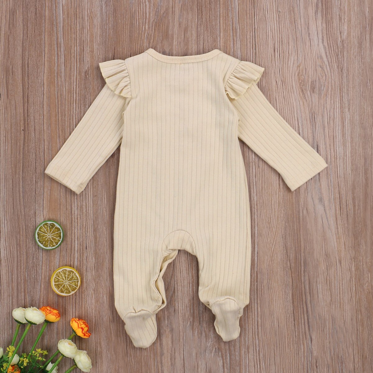 0-6M Pasgeboren Baby Jongens Meisjes Footies Solid Ruches Lange Mouwen Knit Enkele Breasted Herfst Jumpsuits 4 Kleuren