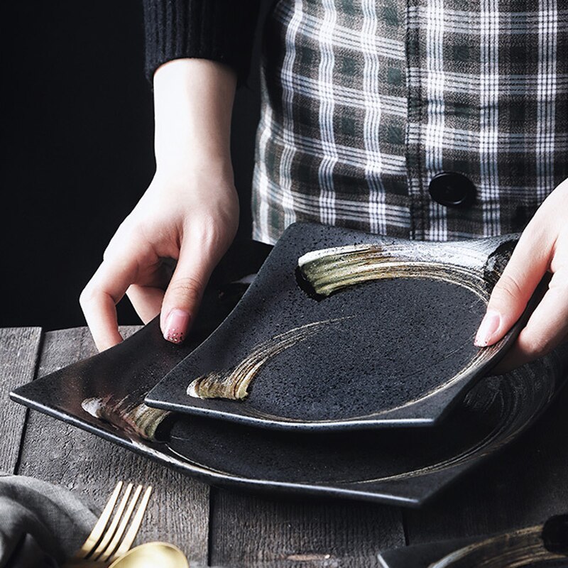 Japanese Retro Square Ceramic Tableware Black Dinner Plate Tray Dessert Steak Sushi Cake Dishes Home Restaurant Flat Plates