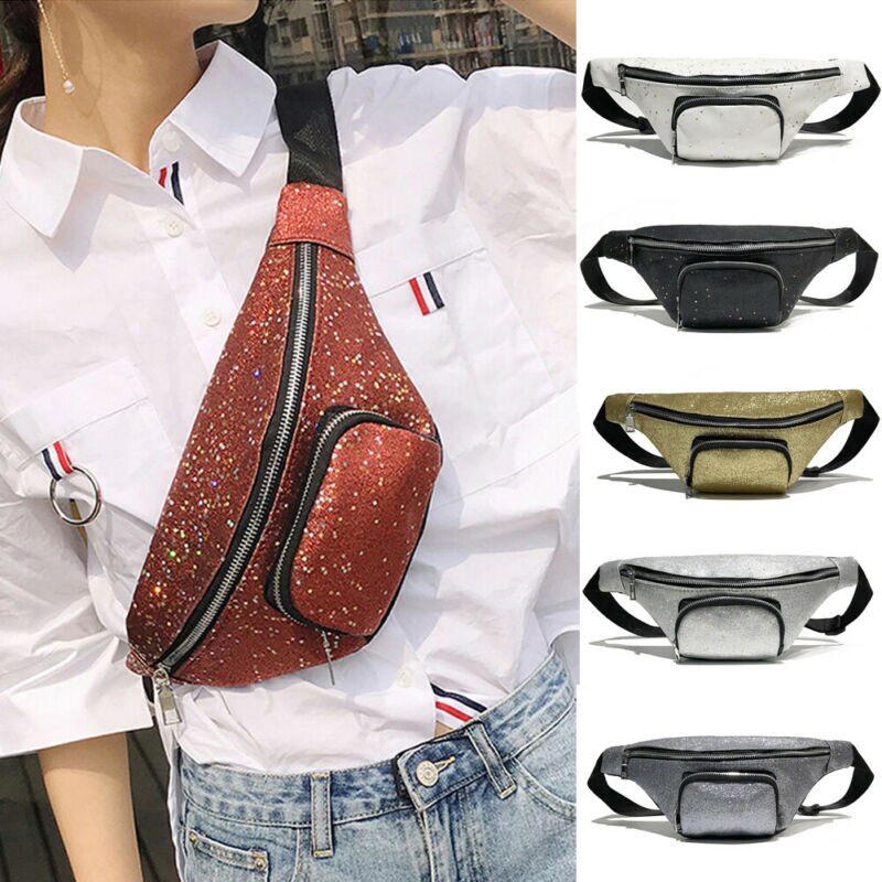 Newest Women Glitter Sequins Waist Fanny Pack Belt Bag Pouch Travel Hip Bum Bag Women Small Leather Purse Chest Bag