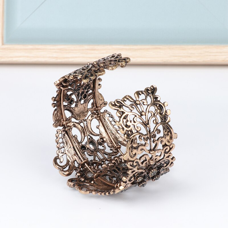 Kinel Vintage Indian Wide Gray Crystal Flower Cuff Bangle For Women Antique Gold Spring Bracelet Turkish Wedding Jewelry